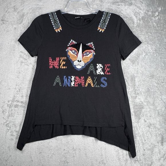Desigual Shirt Womens XL Black Beaded We are Animals Tiger Artsy Art to Wear - Picture 2 of 8